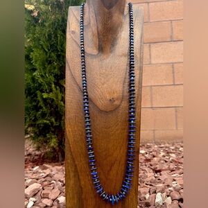 Long Sterling Silver Graduated Blue Lapis Turquoise Bead Necklace. 36 inch